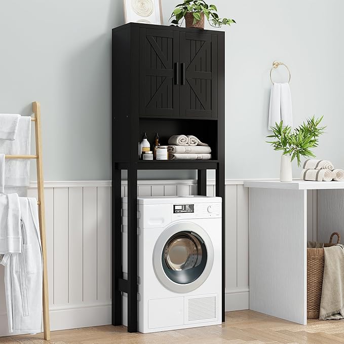 IDEALHOUSE 23.6 Inches Wide Toilet Rack with Over The Toilet Storage Cabinet, Bathroom Shelf Organizer with Anti-Tip Device, Small Freestanding Space Saver with Adjustable Shelf (Black 23.6" W)