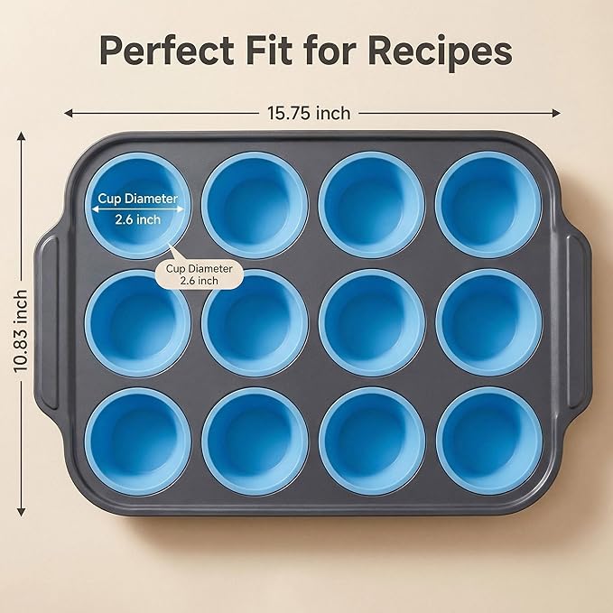 Rigid-Frame Silicone Muffin Pan for Baking,No-Spill Easy-Transfer Design,Reinforced Steel Frame, Non-Stick & Dishwasher Safe,12-Cup Regular Size Muffin & Cupcake Pan Bakeware for Oven (Blue 1pcs)