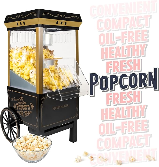 Nostalgia Vintage Hot-Air Popcorn Maker Machine - Makes Up to 12 Cups - Oil-Free - Healthier Popcorn - Classic Stand-Up Cart With Wheels - Includes Kernel Measuring Cup - Black