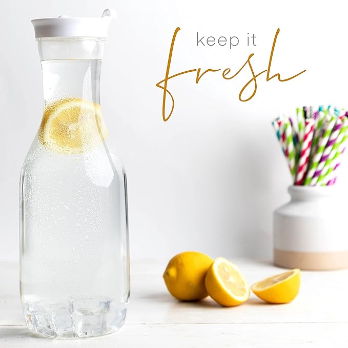 Clear Plastic Water Pitchers Carafes with Flip top White Lids 50 OZ Heavy Duty Beverage Pitcher Jug for Juice or iced Coffee Great for Mimosa bar Restuarants ot Schools Pack of 2