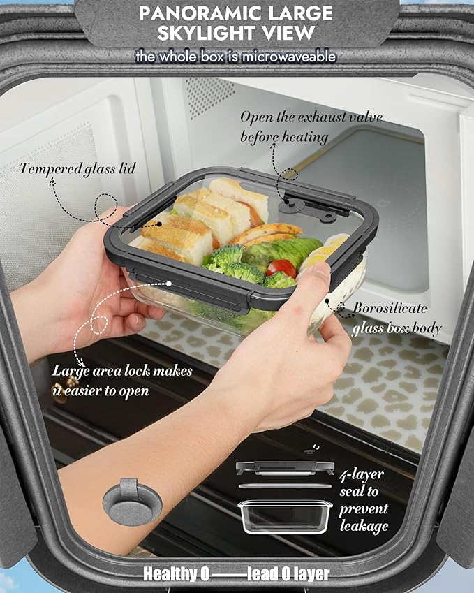 12-Pack Glass Containers with Tempered Lids – Borosilicate, Oven-Safe(-4°F~950°F), Airtight, BPA-Free, Multi-Size for Meal Prep, Dishwasher Safe (Gray)