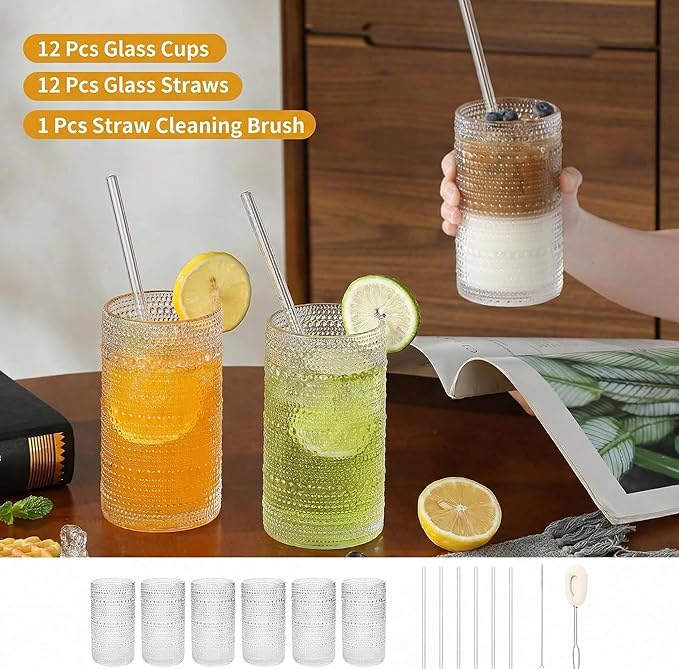 16oz Clear Hobnail Drinking Glasses with Straws Set of 12, Highball Glasses Cups, Kitchen Water Glasses Cup, for Cocktail, Juice, Whiskey, Milk and Various Mixed Drinks