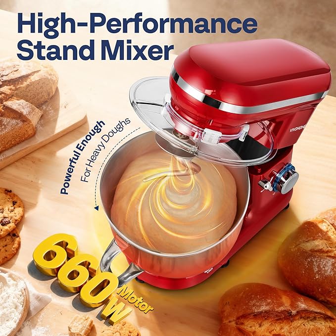 VIVOHOME Stand Mixer, 660W 10 Speed 6 Quart Tilt-Head Kitchen Electric Food Mixer with Beater, Dough Hook, Wire Whip and Egg Separator, Red