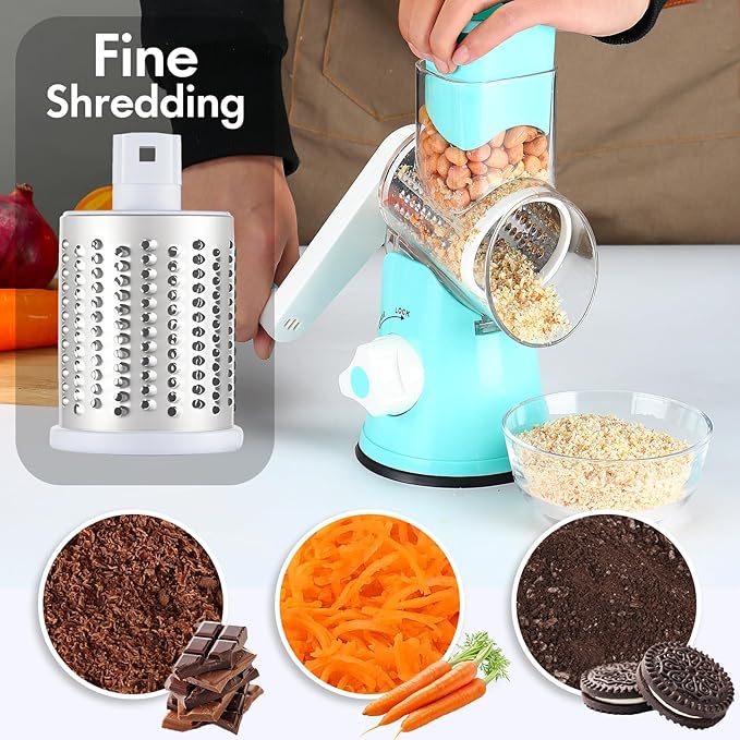 Cheese Grater Hand Crank, Rotary Vegetable Shredder with Handle and Strong Suction base, 3 in 1 Kitchen Speed Spin Veggie Slicer Nut Grinder for Pizza Top, Hash brown, Salad and More (Blue)