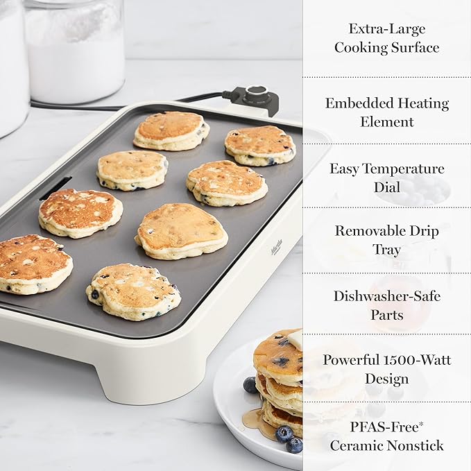 Martha Stewart 12” x 22” Electric Griddle, XL Ceramic Nonstick Flat Top Cooking Surface, Adjustable Temperature Dial, Drip Tray, Dishwasher Safe, 1500W Fast Even Heating, Pancakes & Eggs, Linen White