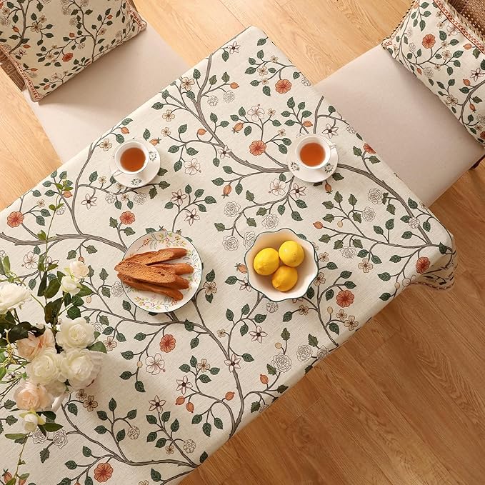 ISAENNE Designer Floral Long Rectangular Tablecloth,French Linen Light Beige Indoor Table Cloth,Fall Wrinkle Resistant Decor Tablecloths for Dining Thanksgiving Kitchen Party,63"*94"-Flora A