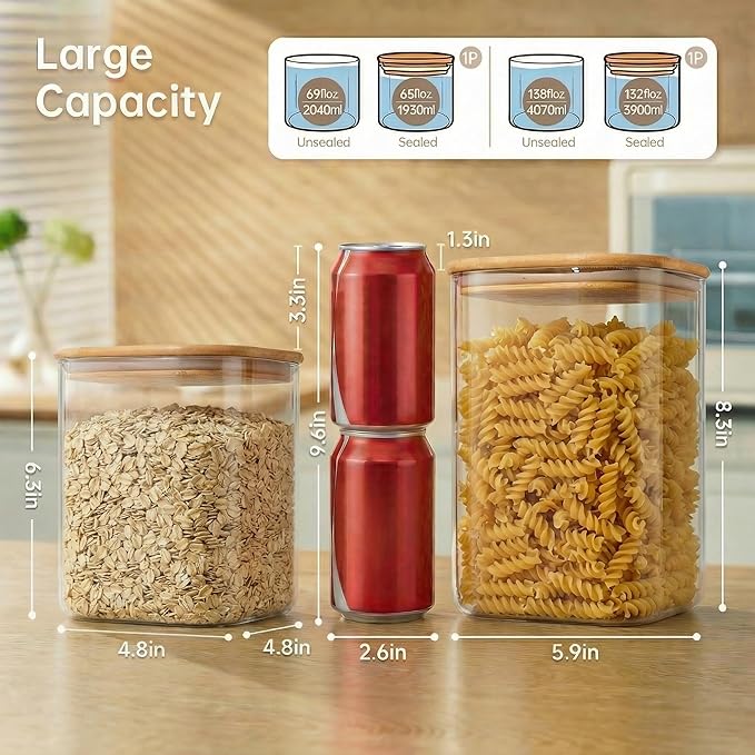 Extra Large Square Glass Flour & Sugar Storage Containers with Airtight Lids, 132 floz & 63 floz - 2 Pack Glass Jars with Bamboo Lids, Air tight Food Storage Containers for Cereal, Pasta, Rice