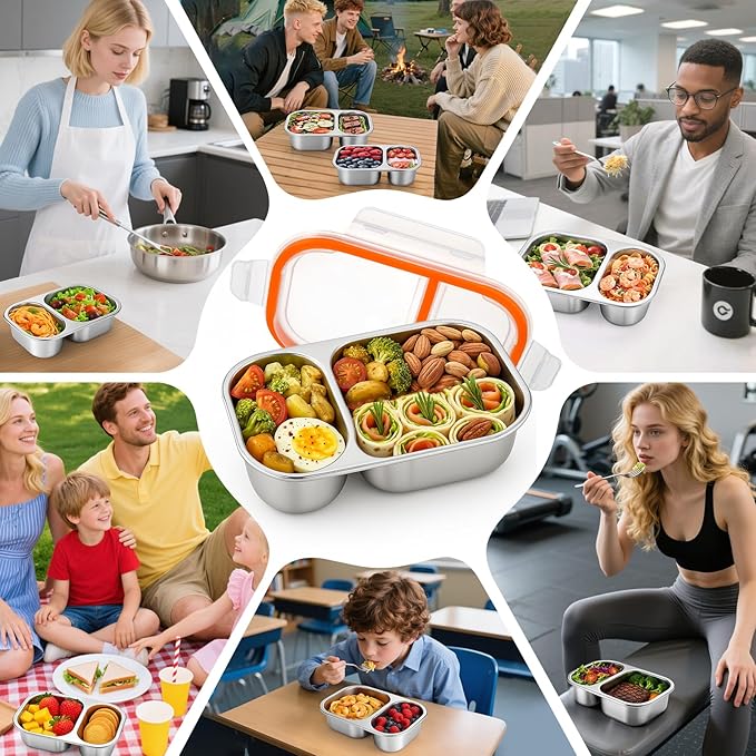 Palksky Lunch Containers Meal Prep Containers Stainless Steel, 2 Compartment Food Storage Containers with Leak-Proof Lids, Reusable Airtight Bento lunch Boxes, Kitchen Storage, Freezer (3 Packs)