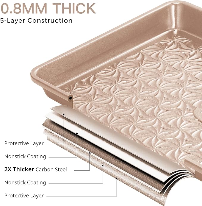 HONGBAKE Nonstick Baking Sheet Pan Set of 3, Cookie Sheets for Oven, Non-Toxic Half/Quarter/Jelly Roll Pans with Floral Swirl Texture, Heavy Duty 0.8mm Thick Oven Trays for Cooking, Champagne Gold
