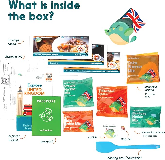 eat2explore Cooking Kits for Kids 14 Pcs – Interactive & Educational Kids Cooking Sets Real for Ages 5 and Up,3 Recipe Cards & Global Ingredients – Perfect for Families and Homeschooling (UK Edition)