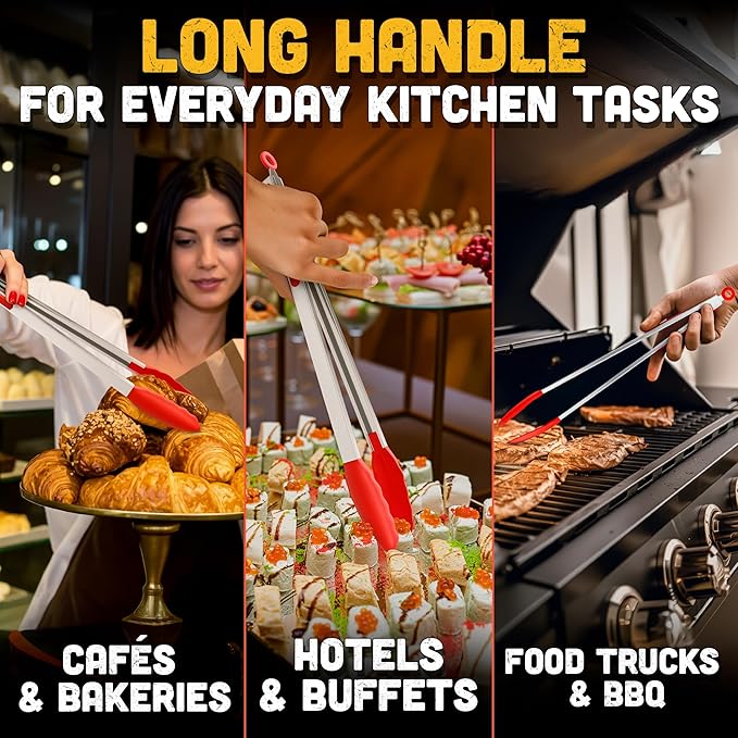 Kitchen Salad Tongs for Serving 17.3" - Heat-Resistant Extra Long Tongs with Silicone Tips for Convenient Flipping Food on BBQ - Stainless Steel Long Tongs for Grabbing & Cooking & Grilling