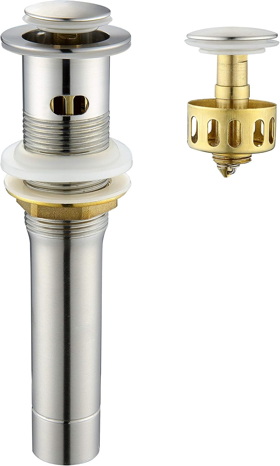 Pop up Sink Drain Stopper for Bathroom Vessel Vanity Sink Art Basin Brushed Nickel, Small Cap with Overflow, Metal Pop up Drain Strainer with Detachable Basket Stopper