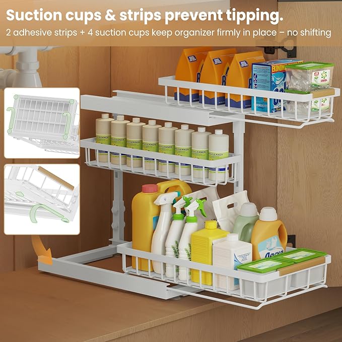 Under Sink Organizer and Storage for Bathroom and Kitchen - 2 Pack 3 Tier Under Cabinet Pull Out Shelf Organizers - Slide Out Drawer Organization for Home Cabinets Shelves and Drawers