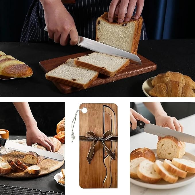 Bread Slicer for Homemade Bread, Manual Bow Knife and Cutting Board Set with Crumb Tray, Sourdough Loaf Slicer for Left & Right Handed Home Bakers, Wooden Board Design(Acacia Wood)
