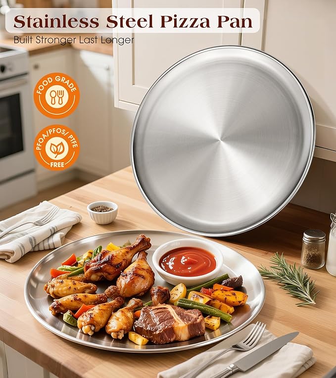 12 Inch Stainless Steel Pizza Pan Set of 2, Pizza Pan for Oven, Steel Pizza Tray for Baking Cookie Pie Cake, Round Stainless Steel Pizza Plate Pizza Baking Sheet, Easy Clean & Dishwasher Safe