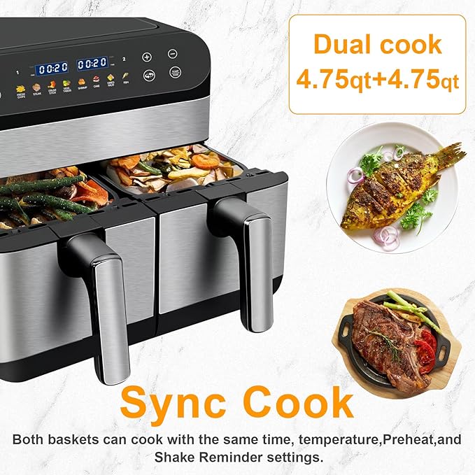 9.5 Quart 8-in-1 DualZone 2-Basket Air Fryer with 2 Independent Frying Baskets, Match Cook & Smart Finish to Roast, Broil, Dehydrate & More for Quick, Easy Meals