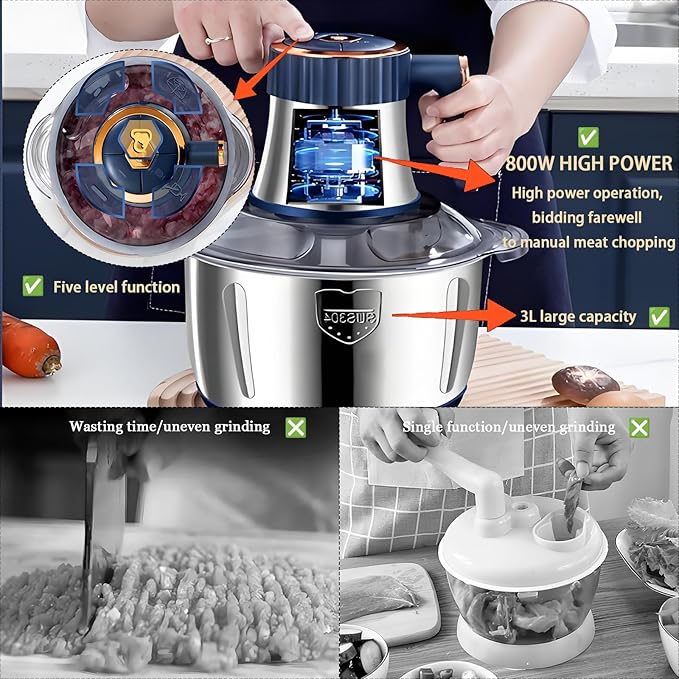 Electric Food chopper, Food Processors, Meat Grinder, 800W, 18/10 Stainless Steel, 3L Capacity,Vegetable Chopper,5-key Buttons,Quadruple-Layer 4 Blades,Suitable For Food processing and Chopping