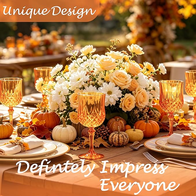 Plastic Wine Glasses, Plastic Goblets Vintage Style Cordial Unbreakable Drinking Glasses, Reusable Drinkware for Wedding Reception, Grand Event Party Supplies (24, Pumpkin orange)