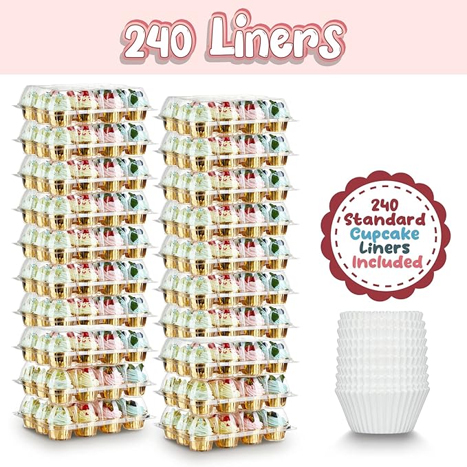 Gencywe (12 Pack x 20 Sets) Stackable Cupcake Carrier with 240 Pack Liners, Plastic Cupcake Boxes Holders for 12 Cupcakes, High Tall Dome Lid Cupcake Containers, Clear Disposable Cupcake Trays