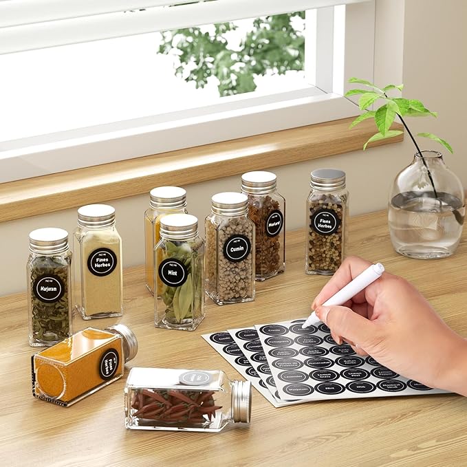 Agotglmi 4 Pack Magnetic Spice Rack with 24 Spice Jars, Spice Labels, Chalk Marker and Funnel Set, Magnetic Spice Organizer Shelf for Refrigerator, Microwave, Seasoning Organizer for Kitchen