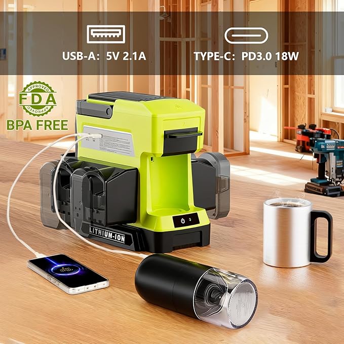 Cordless Coffee Maker for Ryobi 18V Battery, 3 Brewing Options Drip Coffee Maker with Coffee Grinder, Portable Single Serve Coffee Makers for Camping, Travel, and Jobsite. (Tool Only)