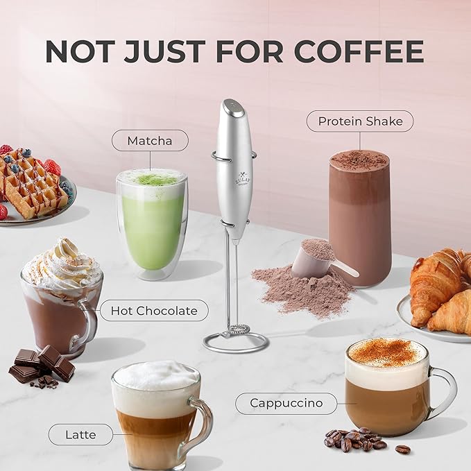 Zulay Kitchen Powerful Milk Frother Wand With 4 AA Duracell Batteries - Ultra Fast Handheld Drink Mixer - Electric Whisk Foam Maker for Coffee, Lattes, Cappuccino, Matcha & Creamer - Premium Silver