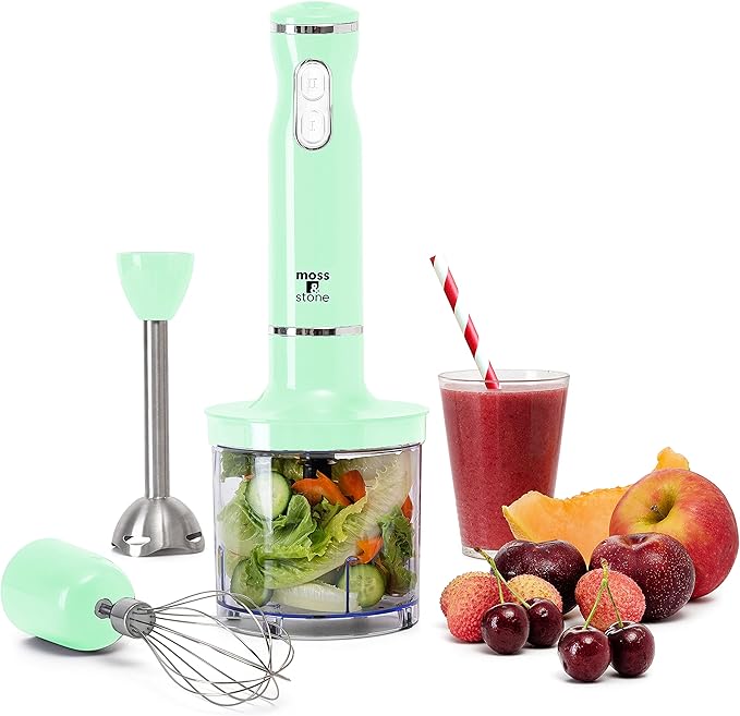 Moss & Stone Hand Blender Electric With Egg Whisk & Chopper, Powerful 300 Watt Stick Blender, Hand Mixer Set Stainless Steel Shaft & Blades, Handheld Blender With Ergonomic Handle