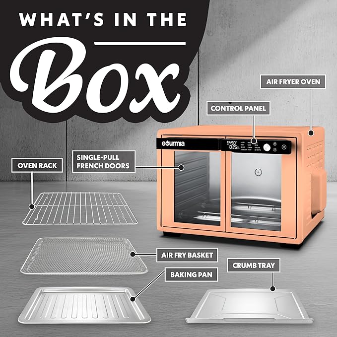 Gourmia French Door Air Fryer Oven - 37 Qt Large Capacity Convection Toaster Oven, FryForce 360°, Digital Display, 12 Cooking Presets, Dehydrate, Fits 13” Pizza, Dishwasher-Safe, Peach