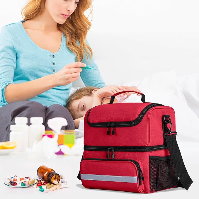 CURMIO Double Layers Medicine Storage Bag, Pill Bottle Organizer Bag with Inner Dividers, Medication Travel Bag for Vitamins, Supplements, Prescription Bottles, Medical Supplies, Red (Patent Design)