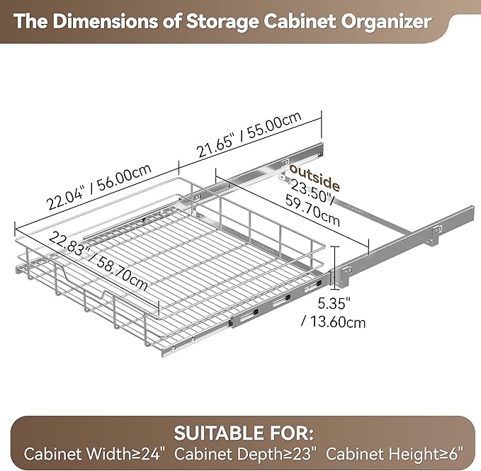 2 Tier Pull Out Cabinet Organizer 24" W X 22" D, Slide Out Drawers For Kitchen Cabinets, Pull Out Drawers For Cabinets Capacity Heavy Duty Caddy, Cabinet Pullout Shelves Chrome-Plated, Bathroom Pantry