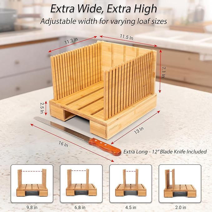 Bamboo Bread Slicer For Homemade Bread - Built-In Knife Slot, Crumb Catcher & Storage Compartment - Adjustable Extra Wide & High For Sourdough - Long 12” Knife Blade Included