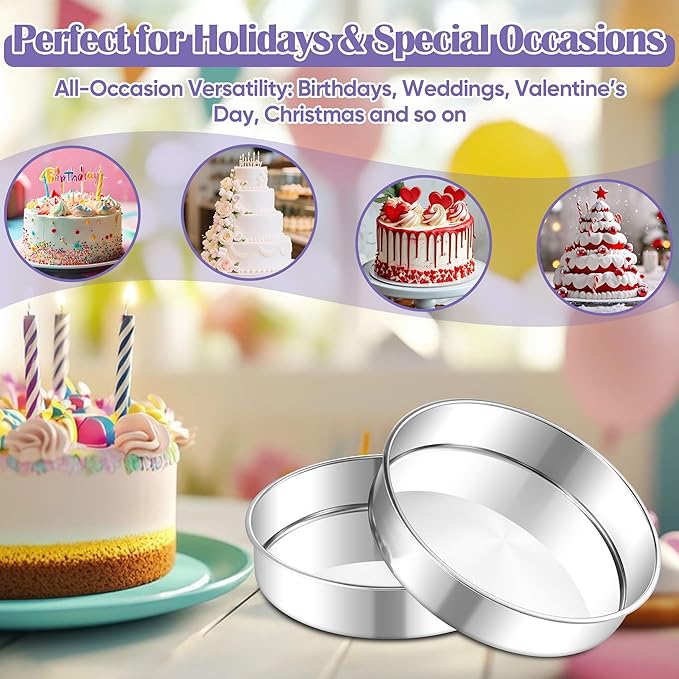 E-far 9 Inch Round Cake Pan, 2-Piece Stainless Steel Round Baking Mold Tins - Non-Toxic & Leak-Proof for Birthday Wedding Layer Tiered Cake, Easy Clean & Dishwasher Safe