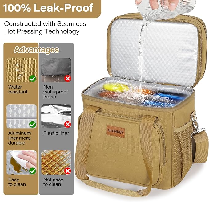 Expandable Large Lunch Box, Insulated Heavy Duty Lunch Bag Waterproof Leakproof Durable Cooler Bag for Men Women Adults Work Construction Camping Trip, 16L, Brown