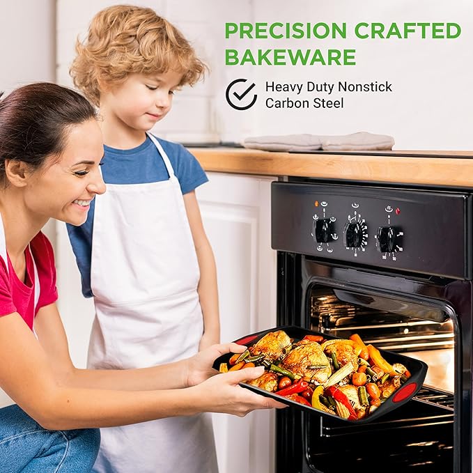 NutriChef 3-Piece Baking Pan Set - Premium Nonstick Carbon Steel Bakeware w/ Silicone Handles - Includes Large, Medium, & Small Pans for Baking & Roasting - PFOA, PFOS, PTFE Free - Black