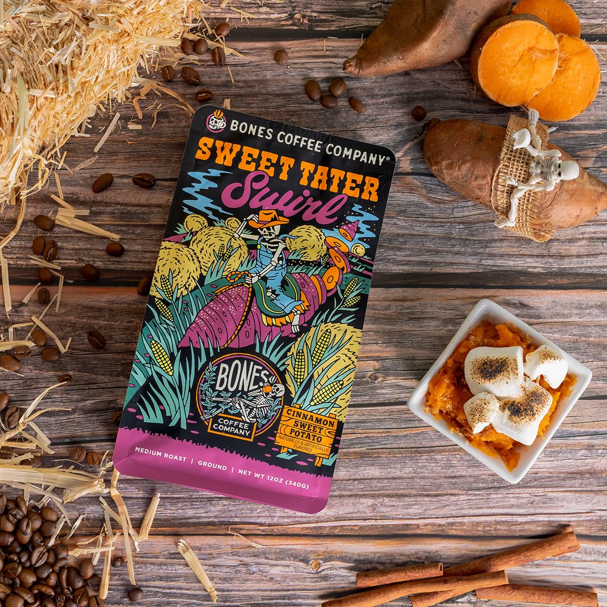 Bones Coffee Company Sweet Tater Swirl, Cinnamon Sweet Potato Flavored Coffee, Medium Roast Low Acid Arabica Beans Compatible with Auto drip and French Press Coffee Maker, 12 Oz Whole Bean
