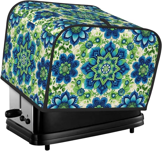 Green Blue Batik Covers for 4 Slice Toasters,Cute Country Bread Machine Cover with Handle,Washable Stain Resistant Kitchen Small Appliance Cover Dining Decor