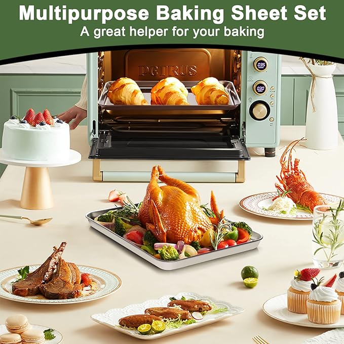 Baking Sheet Tray Set of 10, EWFEN Stainless Steel Baking Pan Cookie Pan Sheet, Size 16 x 12 x 1 inch, Warp Resistant & Heavy Duty & Rust Free