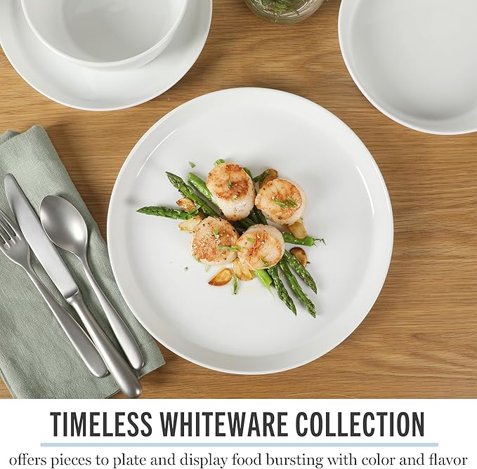 Martha Stewart Selma Chip & Scratch Resistant Dinnerware Set – White Plates and Bowls, Durable Dishwasher and Microwave Safe Dishes Set for Everyday Use