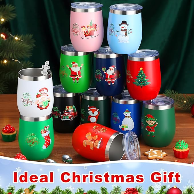 Sliner 16 Pcs Christmas Funny Wine Tumbler Spoon Set 12 Oz Stainless Steel Tumbler with Straw Brush Double Wall Insulated Travel Coffee Mug for Christmas Xmas Party Decorations Holiday Gift (Colorful)