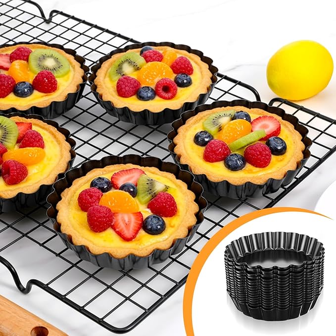 16 Pack Mini Tart Pan 4 Inch with Removable Bottom, Nonstick Round Mini Quiche Pans Mold Heavy Duty Fluted Side for Pies, Mousse Cakes, Dessert Baking
