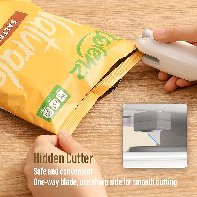 Mini Bag Sealer with Cutter, Rechargeable, Handheld Heat Sealer Machine with Magnetic, Portable Bag Sealer Heat Seal for Keep Food Fresh and Snacks Crispy. White