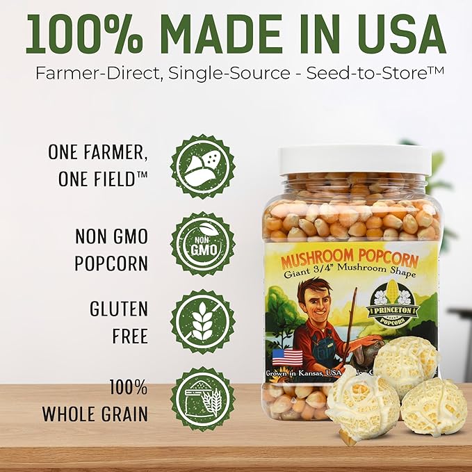 Princeton Popcorn Mushroom Popcorn Kernels - Farmer Direct, Non-GMO, Gluten Free, Un-Popped, Ball Shaped, Old Fashion Popcorn Pops Extra Large popcorn kernels, mushroom popcorn kernels for popping for Air Popper & Stovetop 16oz