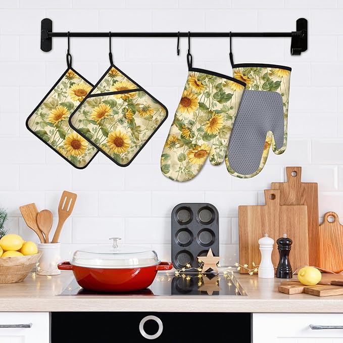 Sunflower Oven Mitts and Pot Holders Sets 4Pcs Silicone Non-Slip Mitts Heat Resistant Gloves Hot Pads for Kitchen Cooking Baking Grilling BBQ