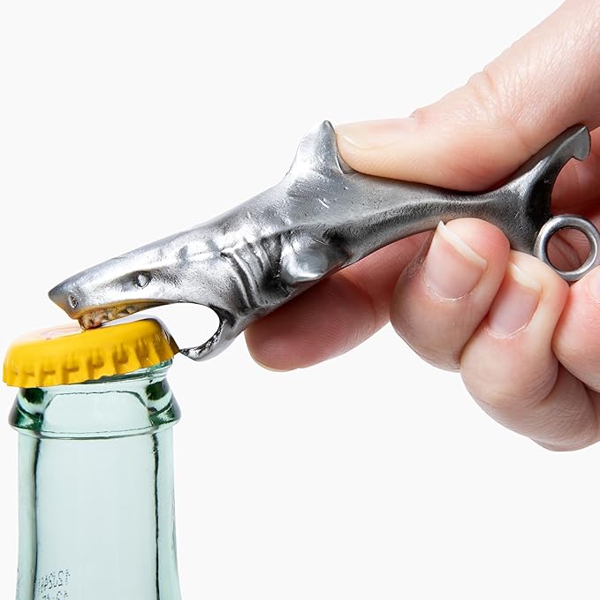 Great White Shark Bottle Opener - Heavy Duty Beer & Soda Cap Opener - Unique Ocean Theme Bar Tool - Fun Beach House Kitchen Gadget Gift (Antique Silver)