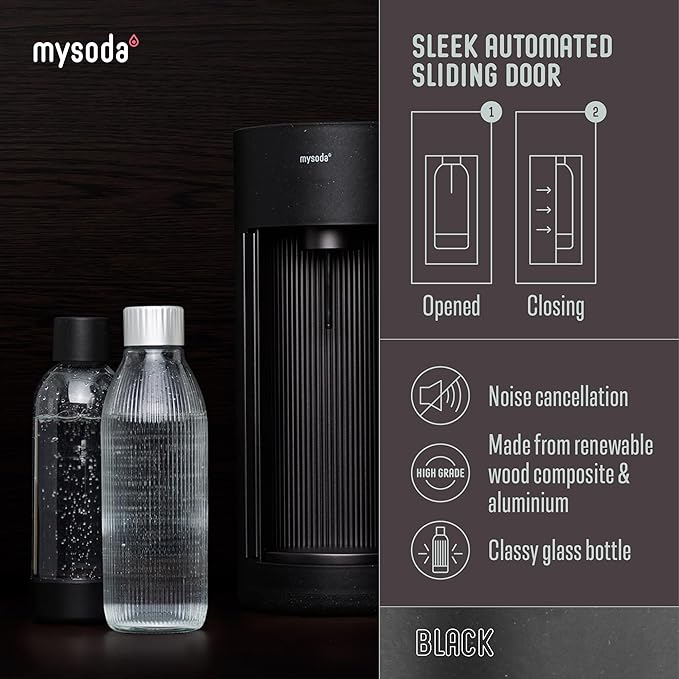 Mysoda Glassy Soda Maker + 1L Glass and 1L Plastic Bottle - Silent Carbonated Water Machine Soda Maker with Sliding Door Opening - No Cylinder Included - Black