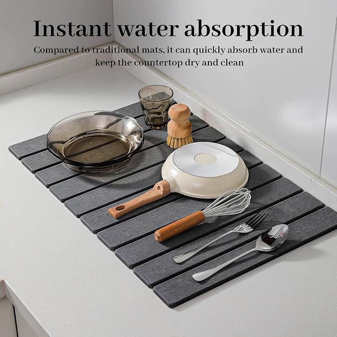 Large Stone Drying Mat for Kitchen Counter, 24''L x 16''W Diatomaceous Earth Collapsible Dish Drying Mat, Quick Drying Mat, Glasses and Flatware, Matches Any Countertop (Dark Gray, 24'' x 16'')