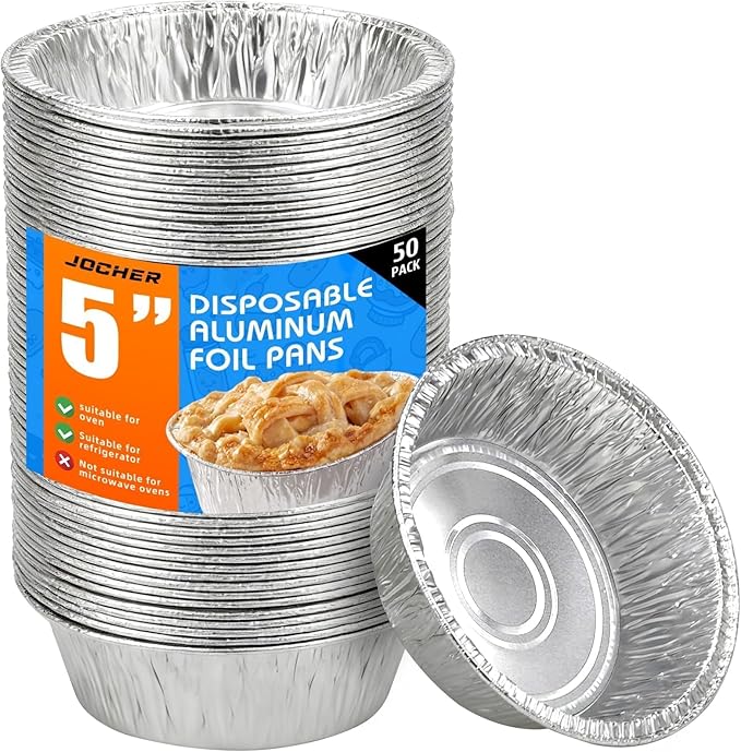 50 Pack Mini Pie Pans, 5in Pie Tins, Disposable Aluminum Round Foil Tart, Aluminum Foil Pans, Easily Stack & Store for Baking, Cooking, Storage or Reheating
