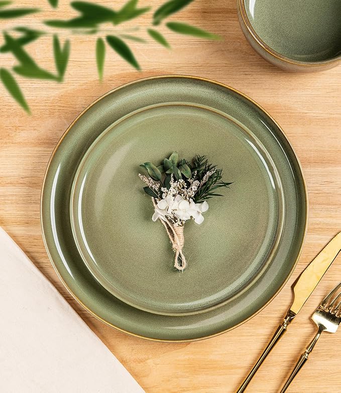 TheTerra Ceramic Dinnerware Sets for 6, 18 Pieces Handmade Reactive Glaze Plates and Bowls Set, Scratch Resistant Dish Set, Oven & Microwave & Dishwasher Safe, Brown Green