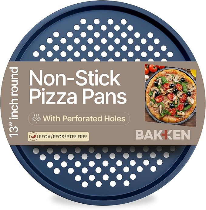Bakken Pizza Baking Pan - Round Perforated Carbon Steel Pan with Non-Stick Marble Coating, Oversized Silicone Handle, Dishwasher Safe, High-Temperature Resistant, Durable & Easy Cleanup - Blue, 1 Tray