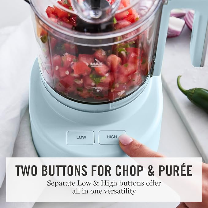Martha Stewart 3 Cup Electric Food Chopper, Vegetable & Herb Mini Food Processor, 24oz BPA-Free Bowl, Stainless Steel Blades, Pour Spout, Dicing, Mincing, Chop & Puree, Dishwasher Safe, Sky